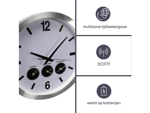 Aluminium Wereldklok Met 3 Tijdzones Ø 45.5cm cijfers