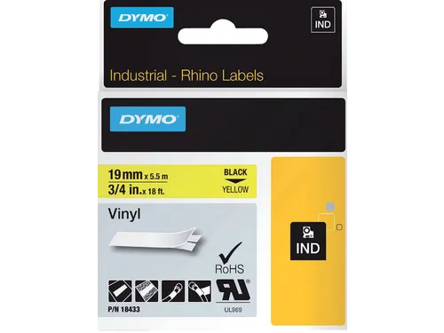 Labeltape Dymo Rhino 18433 Vinyl 19mmx5.5m Zwart Op Geel