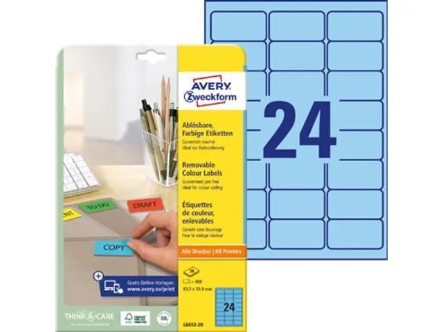 Avery Zweckform Gekleurde Afneembare Etiketten 63.5x33.9mm Blauw
