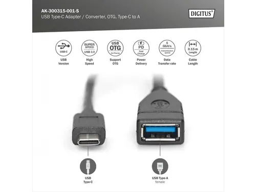 USB Type-C-adapterkabel OTG Type-C-A St/Bu 0,15m 3A 5GB 3.0-versie zwa