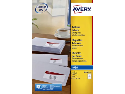 Adresetiket Avery J8160-10 63.5x38.1mm Inkjet Wit 210 Stuks