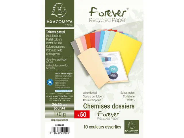 50 dossiermappen FOREVER 180 100% gerecycleerd Assorti