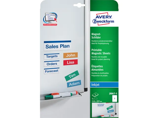 Avery Zweckform J8867-5 Magnetische Etiketten A4 Wit inkjet 5 stuks