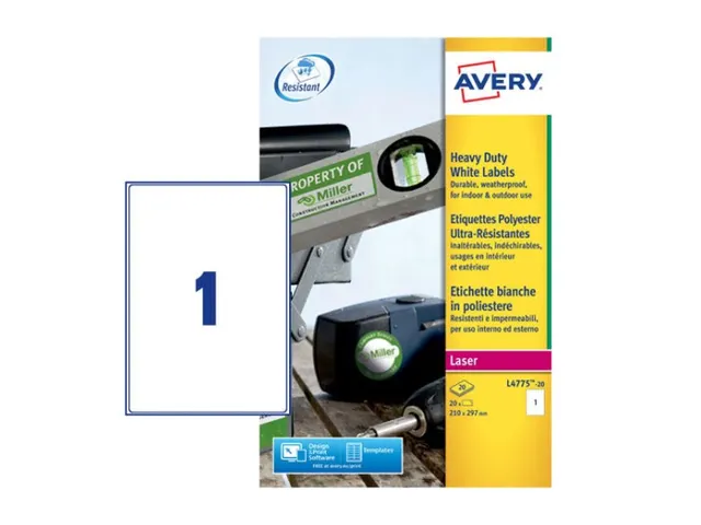 Weerbestendige etiketten Avery 210x297mm Polyester Wit 20 stuks