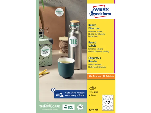 Etiket Avery Zweckform L3416-100 rond 60mm wit