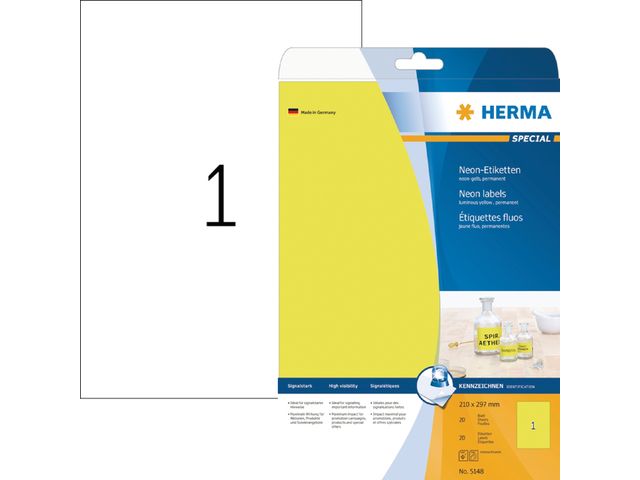 Etiket Herma 5148 210x297mm A4 Lc 20st Fluor Geel | HermaLabels.nl