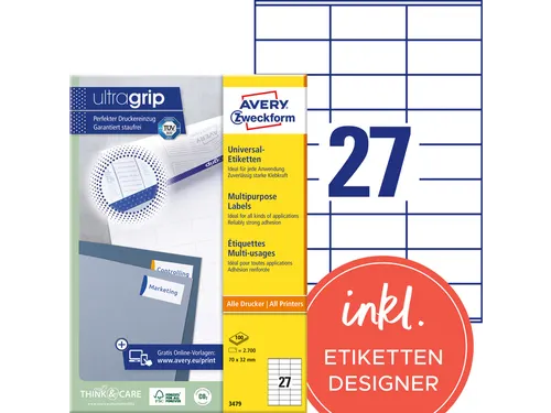 Etiket Avery Zweckform 3479 70x32mm wit 2700stuks