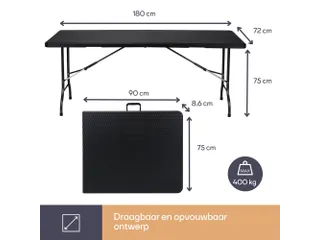 Klaptafel weerbestendige vouwtafel Rotanlook Zwart 180x75x72cm - 4