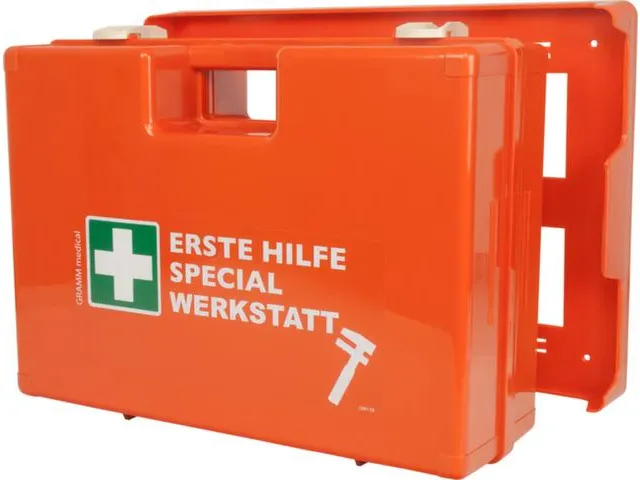 verbandkoffer,v. werkplaats,DIN 13157,ABS oranje,m. wandhouder