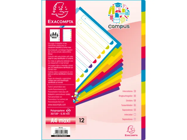 Intercalaires en polypropylène 12 positions Campus - A4 Maxi - Transl