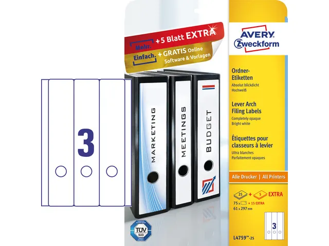 Etiquettes pour dos classeur 297x61mm Blanc 75 étiquettes