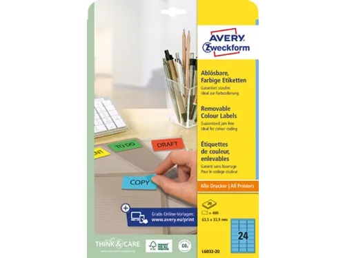 Avery Zweckform Gekleurde Afneembare Etiketten 63.5x33.9mm Blauw