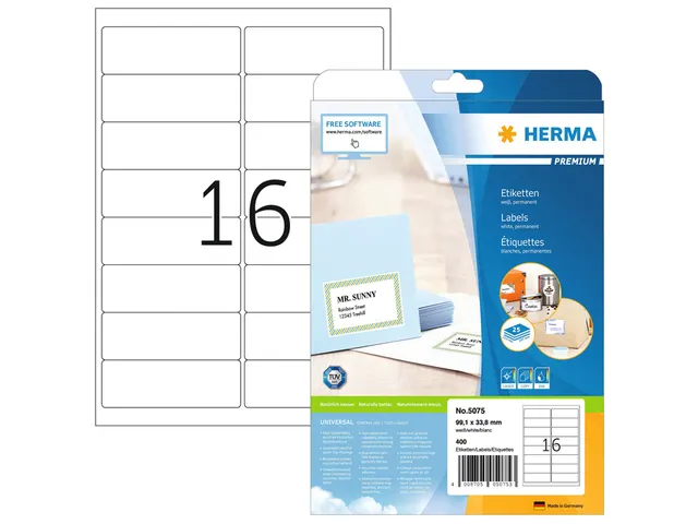 Herma 5075 Premium Adresetiketten A4 99,1x33,8mm Wit 400 stuks