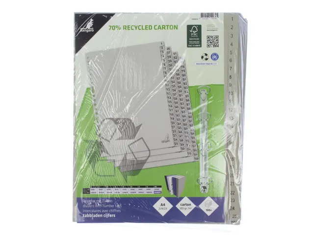 Tabblad ECO Kangaro A4 cijfers 180 grams grijs karton 23-gaats 100-del