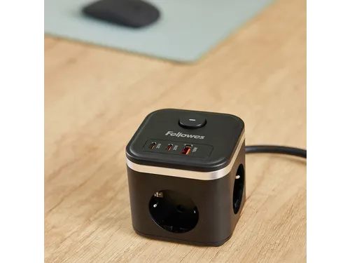 Stekkerblok Fellowes Power Cube F 3-voudig 1xUSB-A 2xUSB-C 2m zwart
