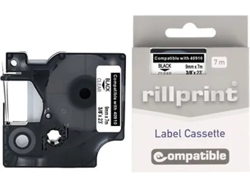 compatible D1 tape voor Dymo 40910, 9 mm, zwart op transparant