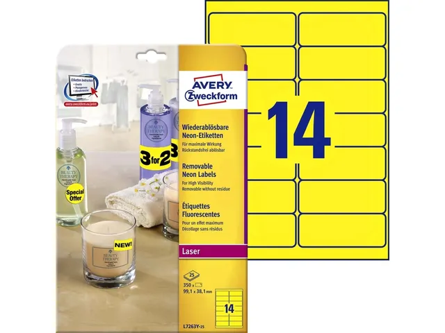 Etiket Avery L7263Y-25 99.1x38.1mm neon geel 350 stuks