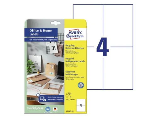 Etiket Avery Zweckform LR3483-10 105x148mm recycled Wit 40 stuks
