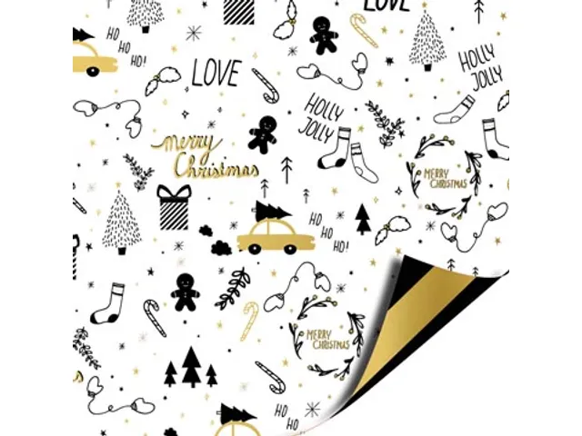 Geschenkpapier Kerst 70cmx2m assorti zwart/wit/goud
