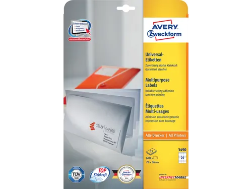 Etiket Avery 3490 70x36mm wit 600 stuks