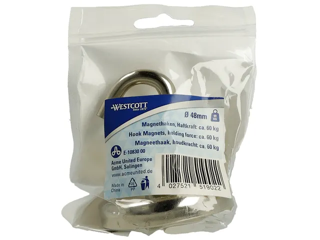 Aimant Westcott avec crochet 48mm Puissant +/- 60kg Argent