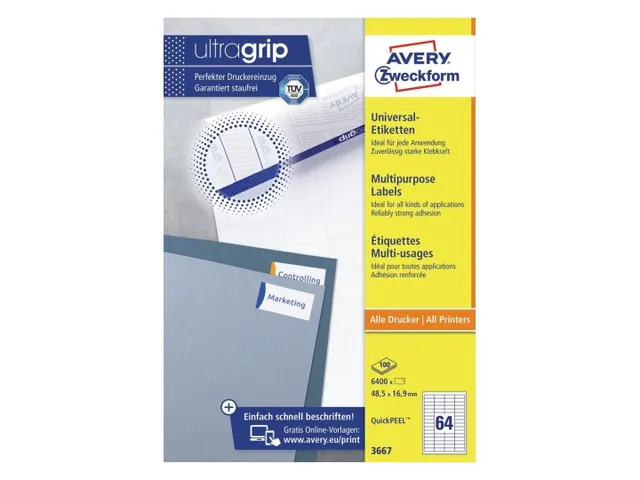Etiket Avery Zweckform 3667 48.5x16.9mm wit 6400stuks