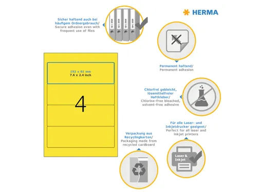 Herma 4296 Rugetiket 192x61mm Geel permanent klevend 400 stuks