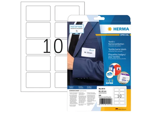 HERMA 4514 Naambadge textieletiketten A4 80x50mm Wit 200 stuks