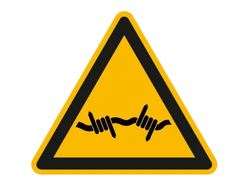 waarschuwingsbord,v. binnen/buiten,Waarschuwing voor prikkeldraad