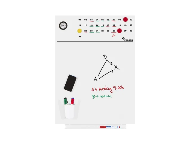 Whiteboard Rocada Skinclock 55x75cm wit gelakt met klok en kalender