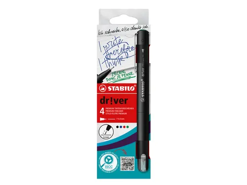 Fineliner STABILO dr!ver Etui met 4 kleuren Fijne punt 0.4mm