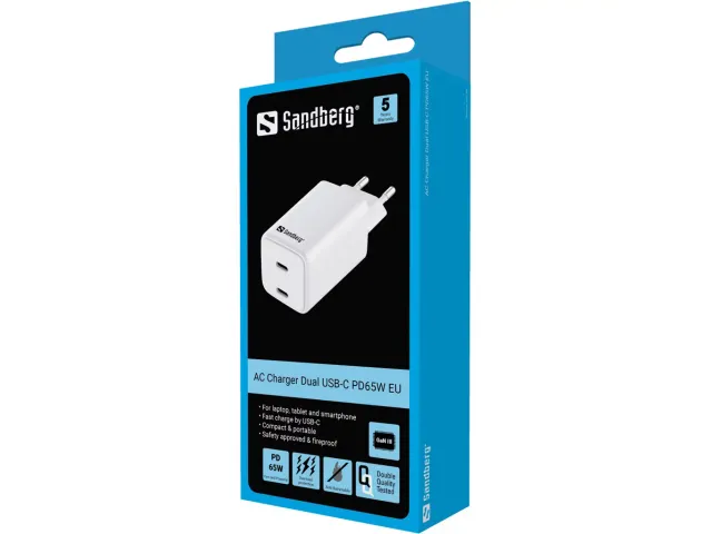 Sandberg AC Charger Dual USB-C PD65W EU Wit