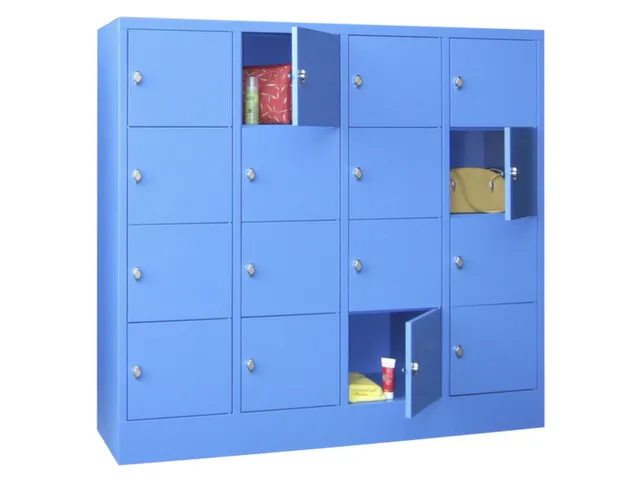 lockerkast,HxBxD 1518x1600x500mm,4x4vakken,RAL7035,front RAL5012