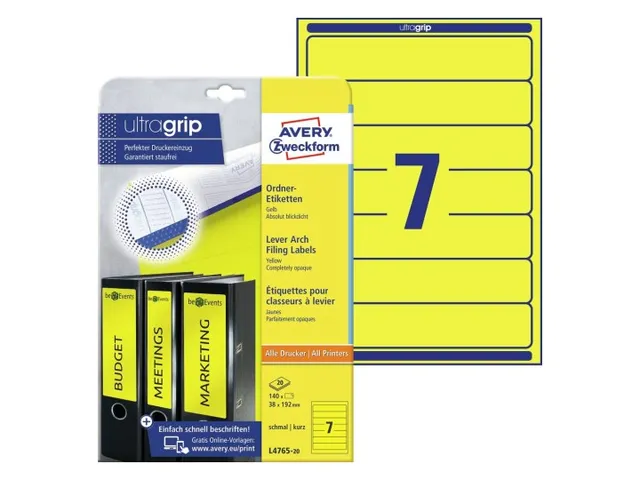 Rugetiket Avery Zweckform smal 38x192mm zelfklevend geel L4765-20