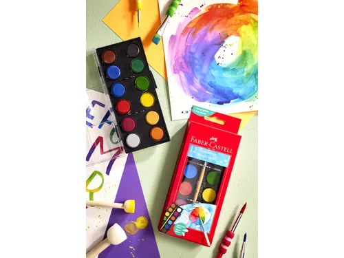 Waterverfdoos Faber-Castell 12 kleuren (diameter 24mm) incl. penseel