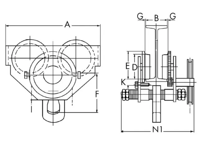 Haspelloopkat Hefvermogen 0.5t Flensbreedte 64-203mm Gewicht 11kg