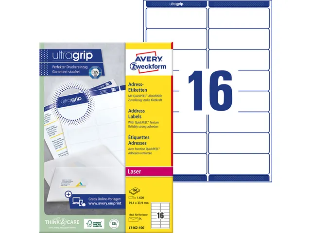 Adresetiket Avery QuickPeel L7162-100 99.1x33.9mm Wit 1600 stuks