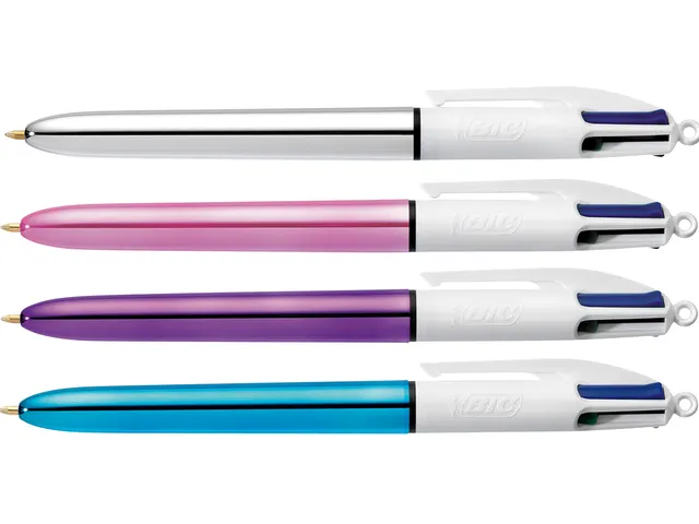 Balpen Bic 4Kleuren Shine Zilver/Paars/Roze/Blauw Display à 20 Stuks