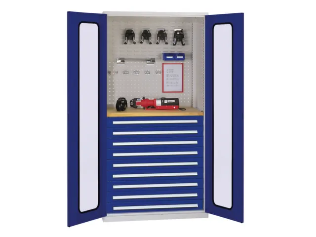 Materiaalkast Vensterdeuren 1950x1000x600mm 9laden 1werkbank Ral5010