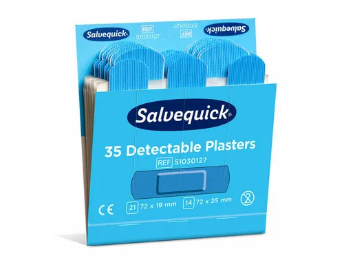 Salvequick Blue Detectable, 35 pleisters op kaart (72x19mm en 72x25mm)