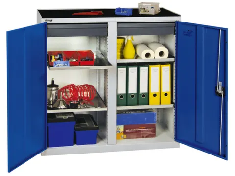 Materiaalkast 1000x1000x500mm 4legborden Uitschuifbaar 2laden Ral5010