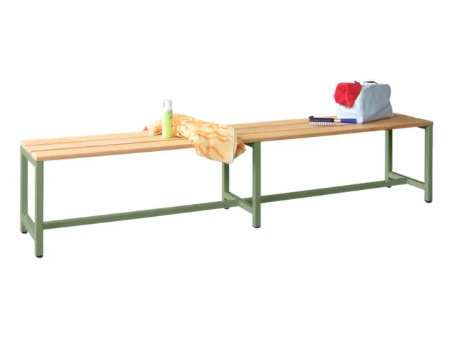 banc-patère,LxP 2000x370mm,barrettes en bois hêtre,piètement RAL601