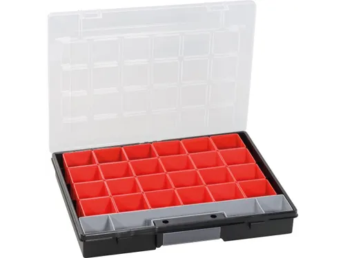 Bak voor kleine onderdelen,HxBxD 55x370x295mm,24bakken,PP,koffer zwart