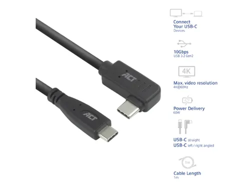 Kabel ACT USB-C standaard naar USB-C hoek 10Gbps 1m