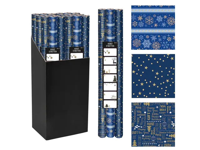 Papier cadeau Noël, 70 cm x 2 m, bleu, paquet de 3 pièces