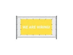Hekwerkbanner 200x100 cm Geel met Engelse Print WE ARE HIRING
