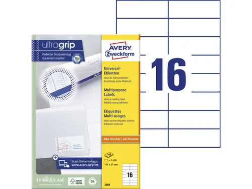 etiket Avery ILK 105x37mm 100 vel 16 etiketten per vel wit