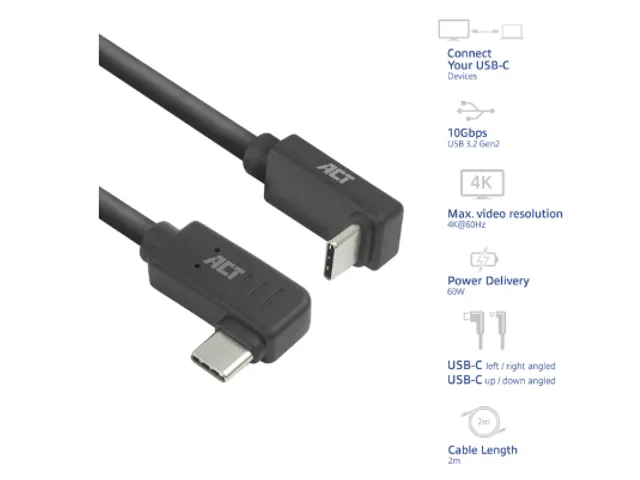 Kabel ACT USB-C hoek links/rechts USB-C hoek boven/beneden 10Gbps 2m
