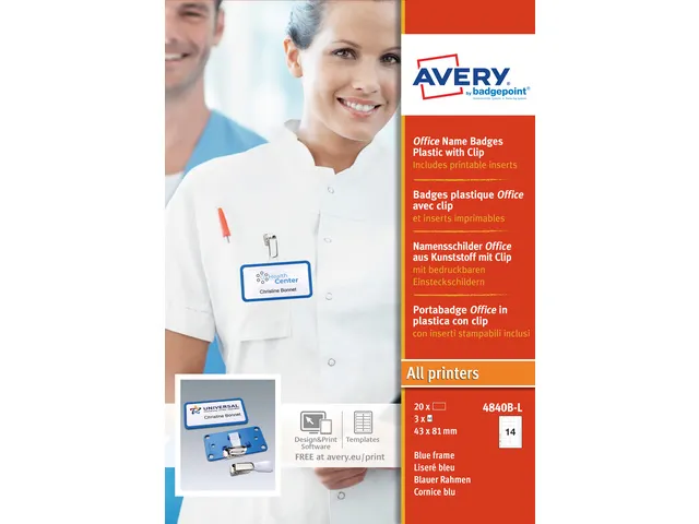 Badge Avery Office 43x81mm avec clip 20x Bleu