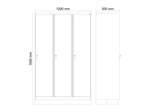 locker,HxBxD 1950x1200x500mm,3vak,vak B 400mm,draaigrendel,sokkel